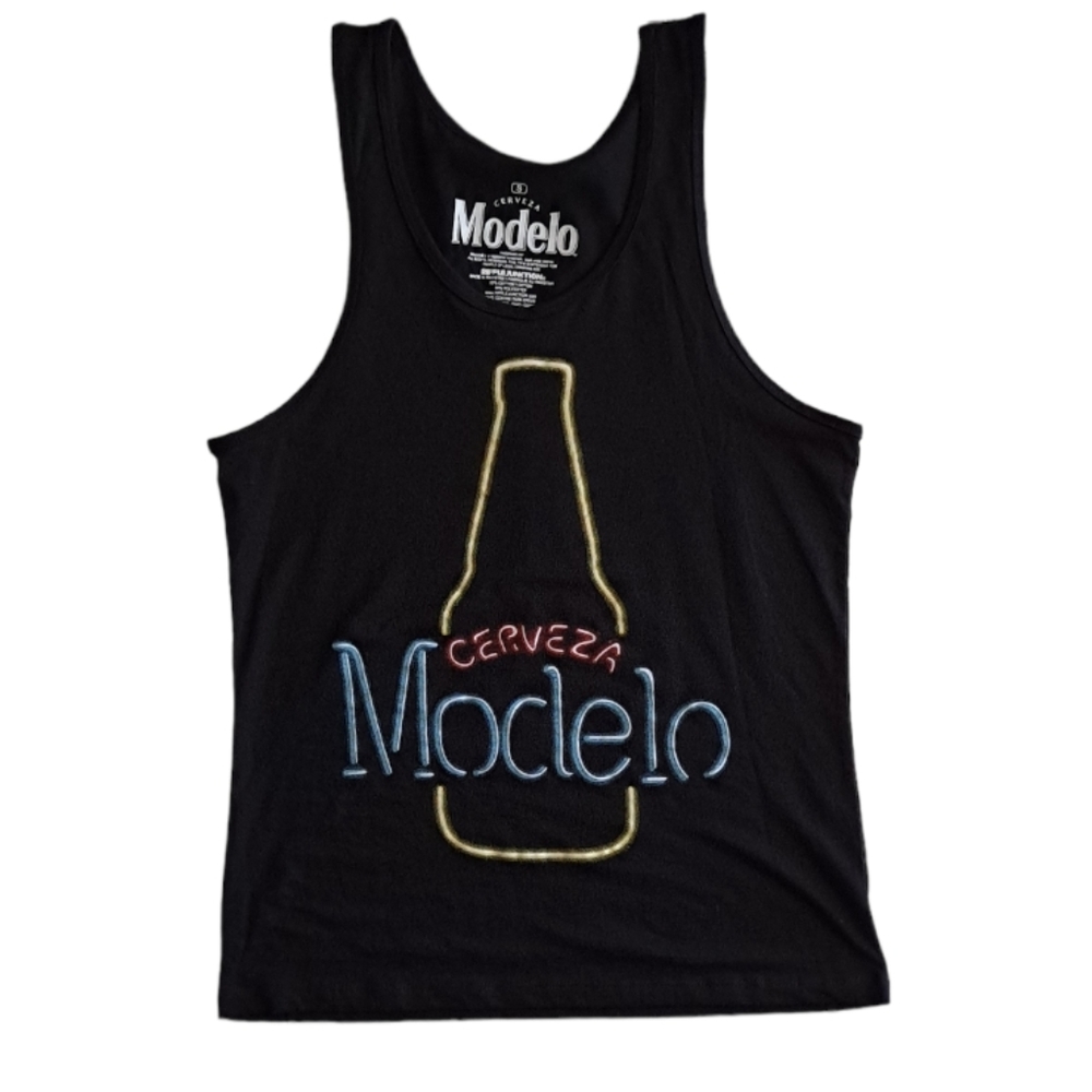 Modelo black tank top with neon beer light, small